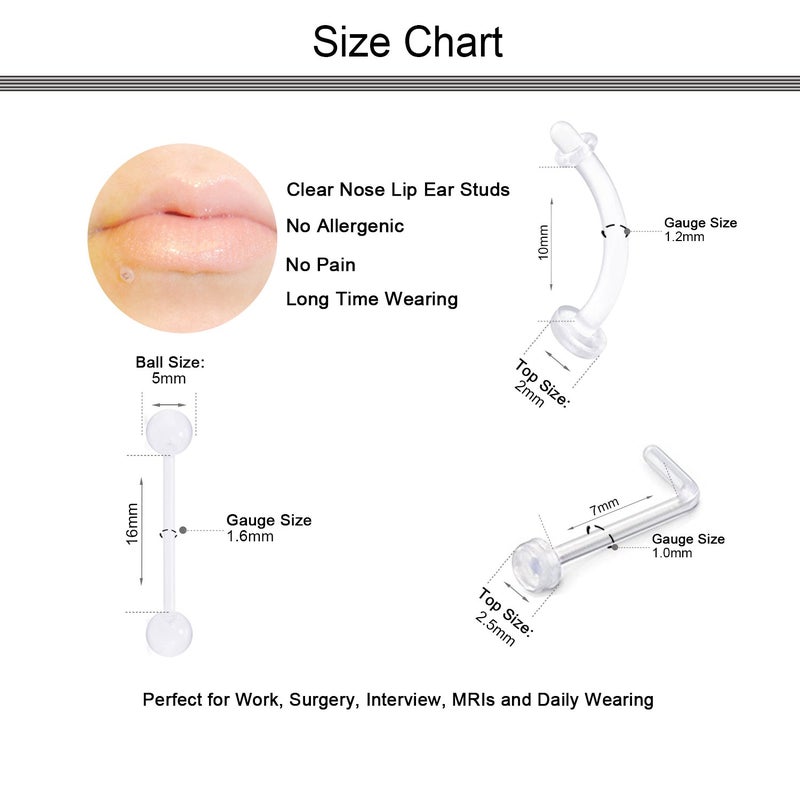 D.Bella 40pcs Clear Nose Retainer, Flexible Acrylic Nose Ring Bioflex Cartilage Earring Lip Eyebrow - Image 2